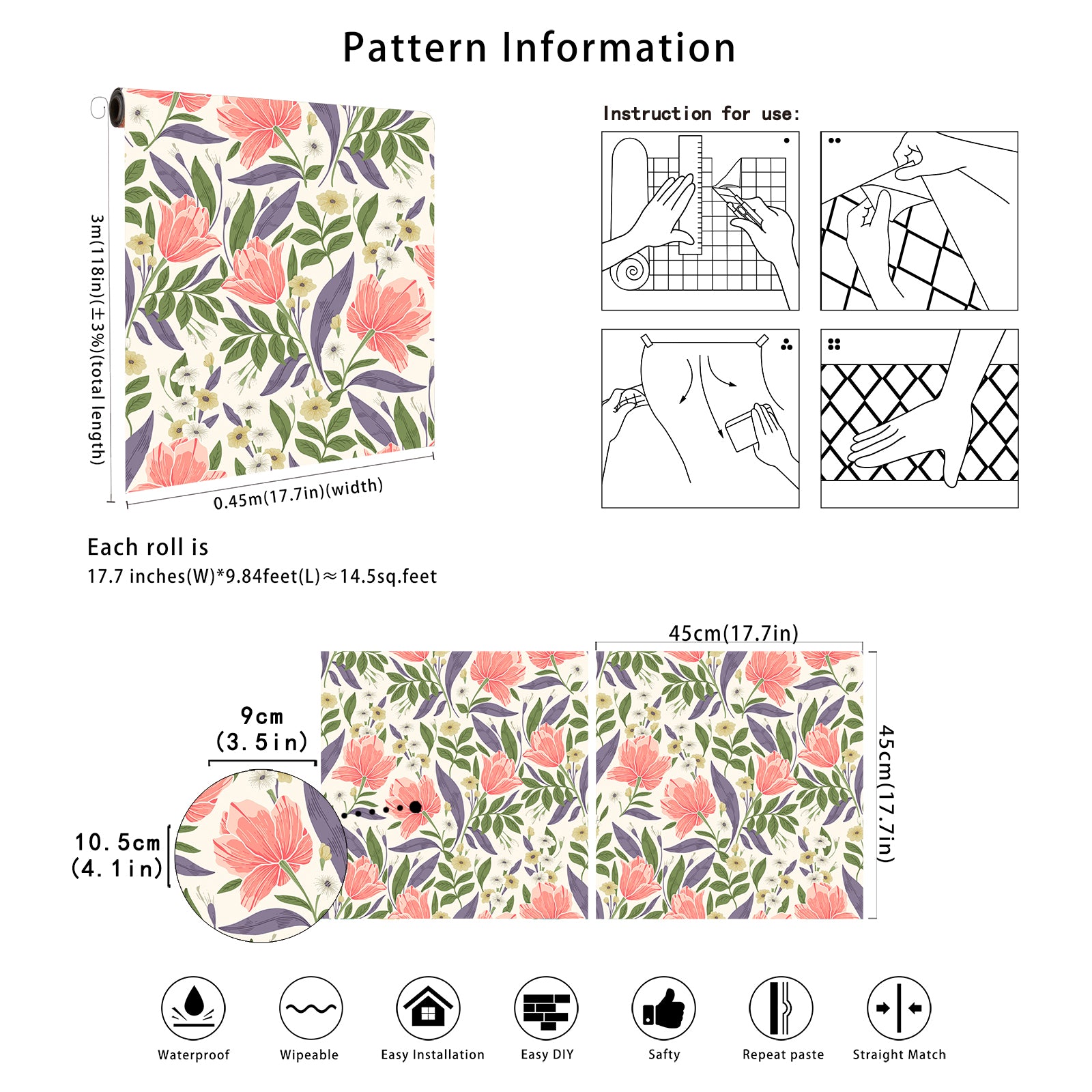HaokHome Coral Tulip Botanical Removable Self‑Adhesive Wall Covering, Bright White Base Floral Peel and Stick Wallpaper
