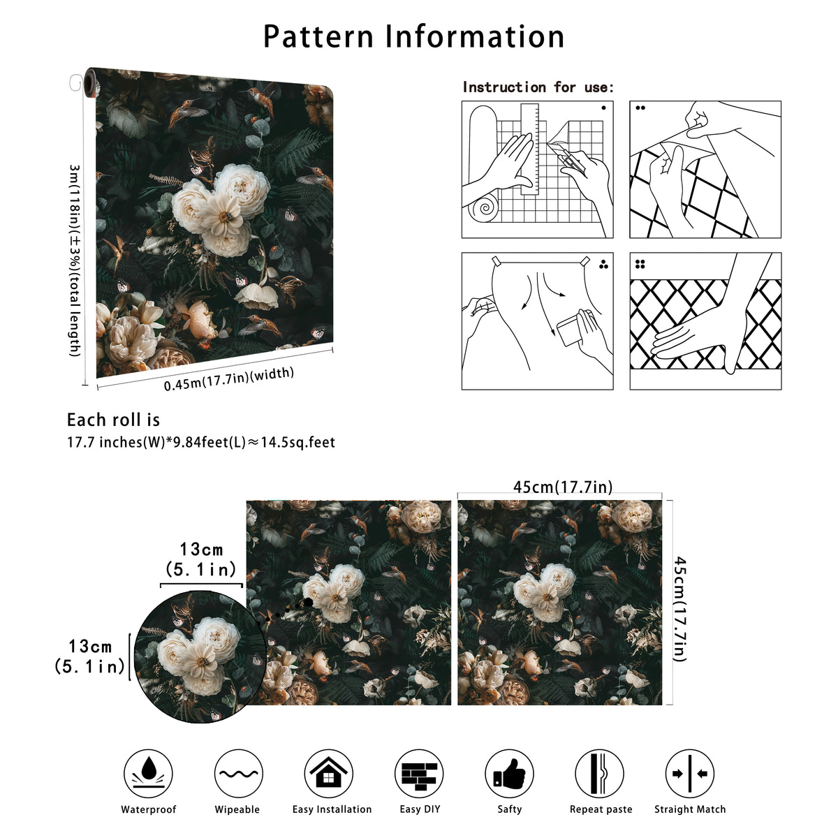 HaokHome PHaokHome Dark Moody Botanical Removable Self‑Adhesive Wall Covering, Vintage Peony Hummingbird Butterfly Peel and Stick Wallpapereel and Stick Boho Wallpaper Removable Vintage Black Floral Contact Paper for Cabinet Accent Wall