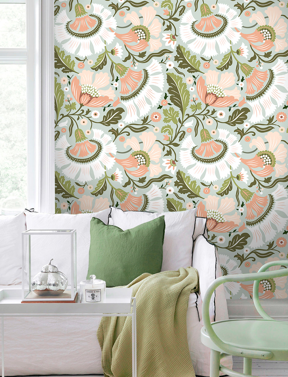 HaokHome Soft Folk Floral Peel and Stick Wallpaper, Mint Green & Blush Pink Removable Wallpaper for Nursery
