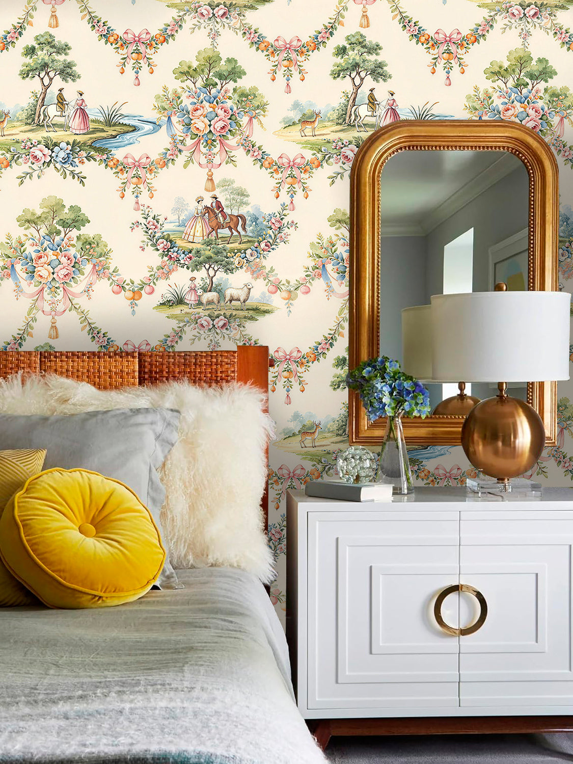 HaokHome Vintage French Pastoral Peel and Stick Wallpaper, Elegant Floral & Equestrian Scenic Removable Self Adhesive Wallpaper, Soft Muted Tone