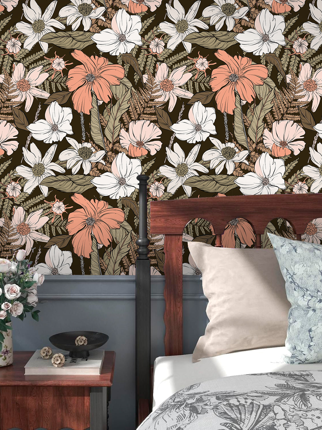 HaokHome Moody Neutral Floral Peel and Stick Wallpaper, Vintage Botanical Removable Self Adhesive Wallpaper