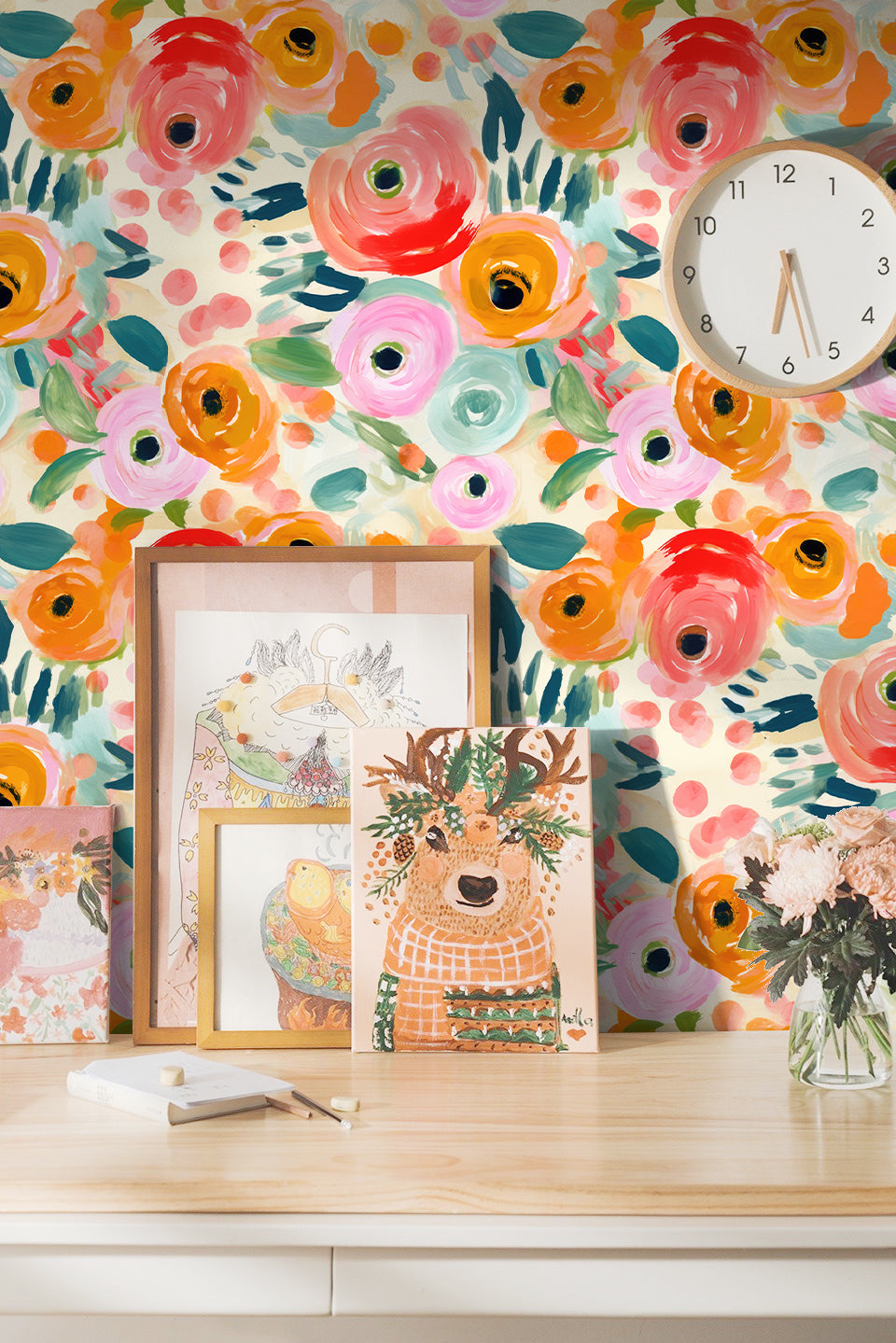 Abstract Brushstroke Ranunculus Wallpaper – Vibrant Impressionist Floral Print