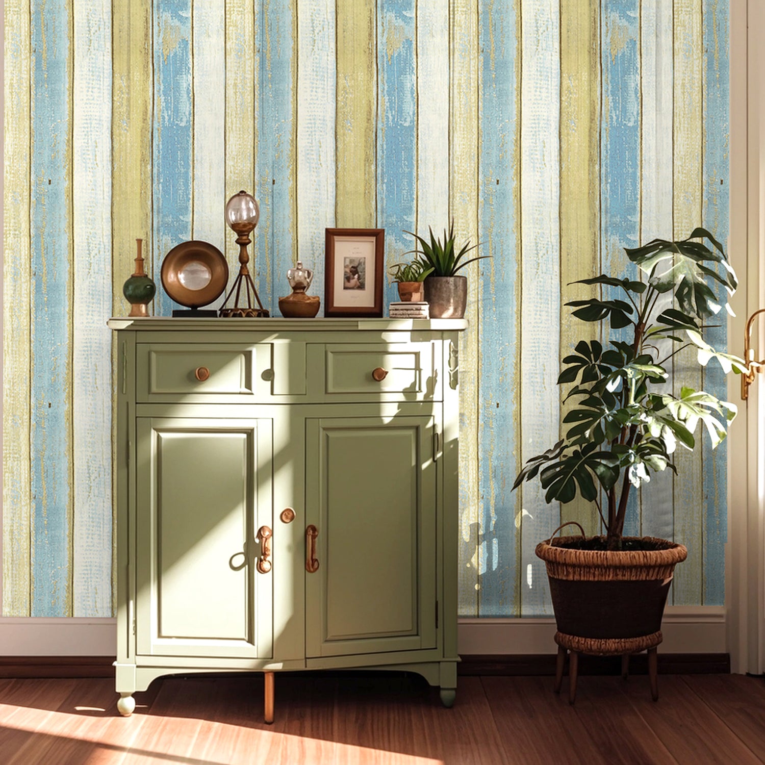 HaokHome Blue & Yellow Distressed Wood Peel and Stick Wallpaper, Vintage Shiplap Plank Wall Paper for Bedroom, Living Room, Cabinet, Countertop Surfaces