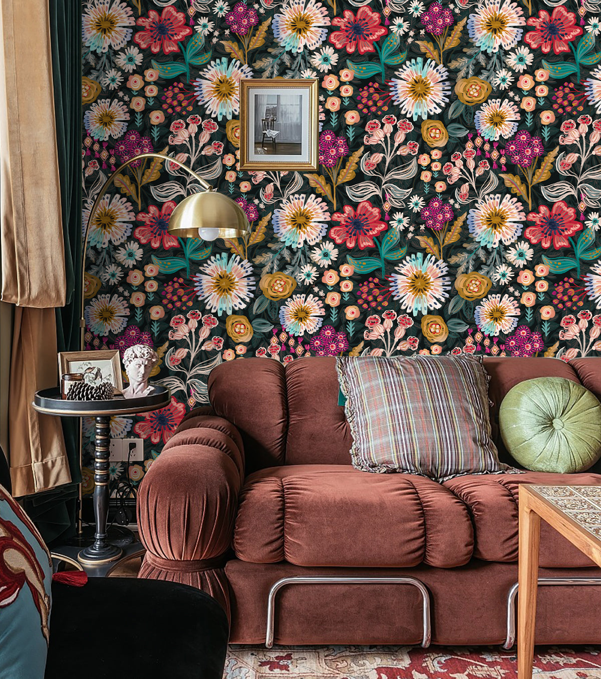 HaokHome Peel and Stick Wallpaper – Dark Moody Folk Wildflower Hand‑Drawn Botanical Removable Wallpaper for Accent Wall