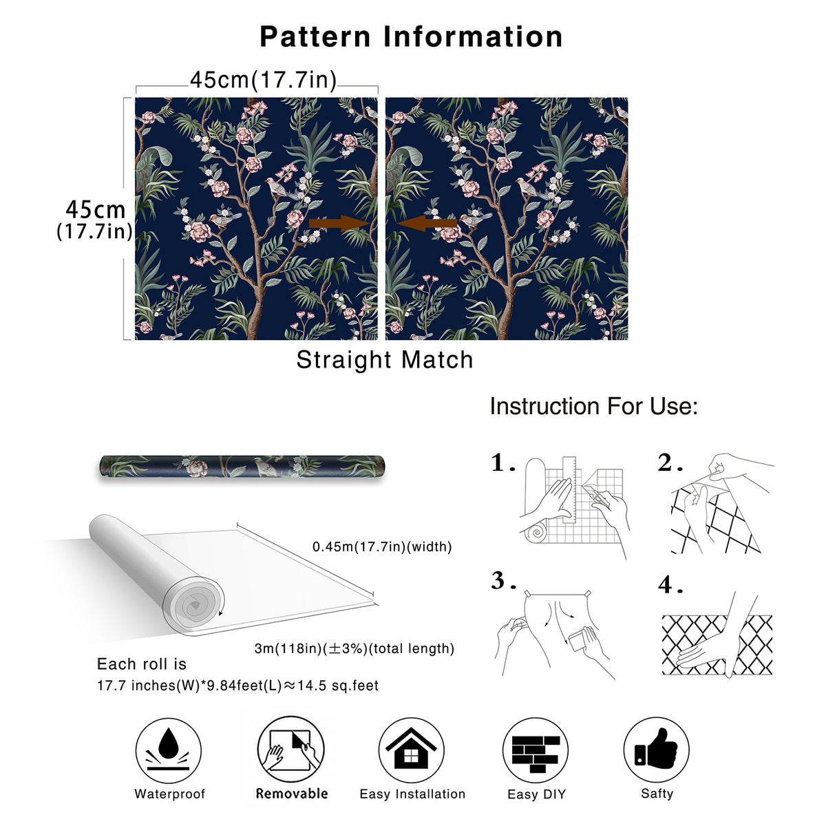 HaokHome Peel and Stick Wallpaper Floral Forest Navy/Green/Pink Removable Bedroom Wall Decorations