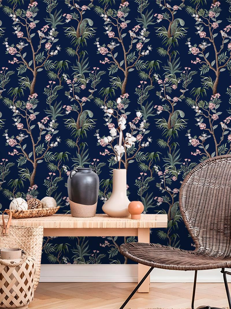 HaokHome Peel and Stick Wallpaper Floral Forest Navy/Green/Pink Removable Bedroom Wall Decorations