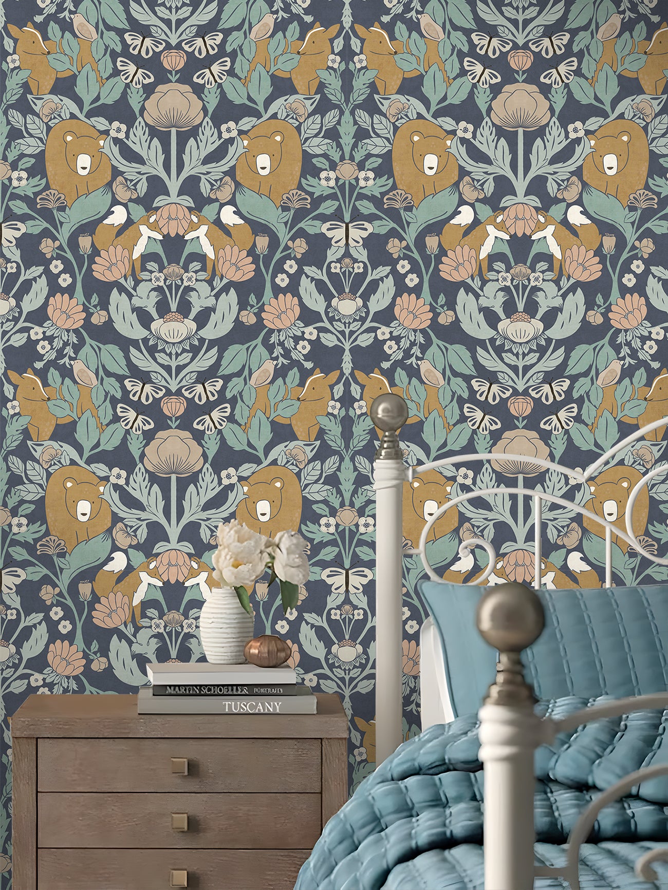 HaokHome Whimsical Woodland Wallpaper – Bears, Foxes & Butterflies in Soft Pastel Floral Design for Nursery & Living Rooms