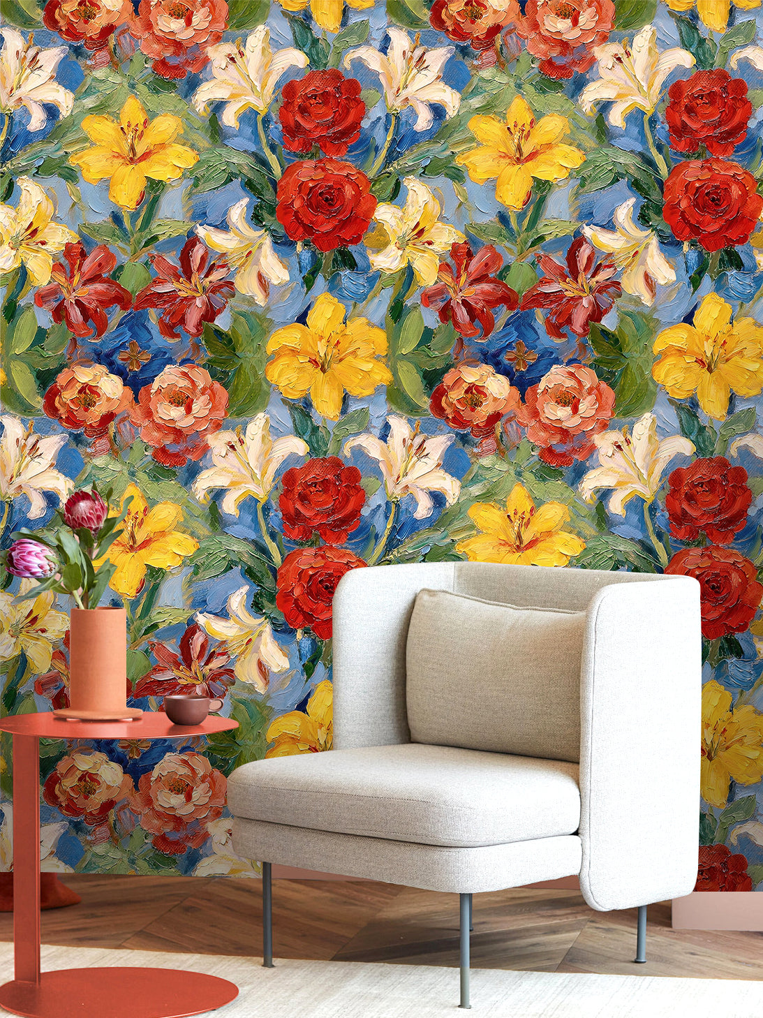HaokHome Peel and Stick Wallpaper Bold Oil Painting Floral Botanical Rose & Lily Colorful Style Removable Self Adhesive Wallpaper for Living Room & Dining Room