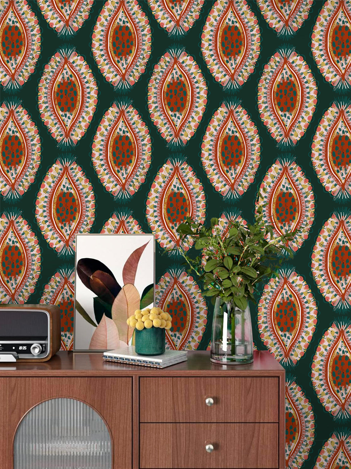 HaokHome Boho Luxe Wallpaper – Hand-Painted Petal Motif in Deep Forest Green