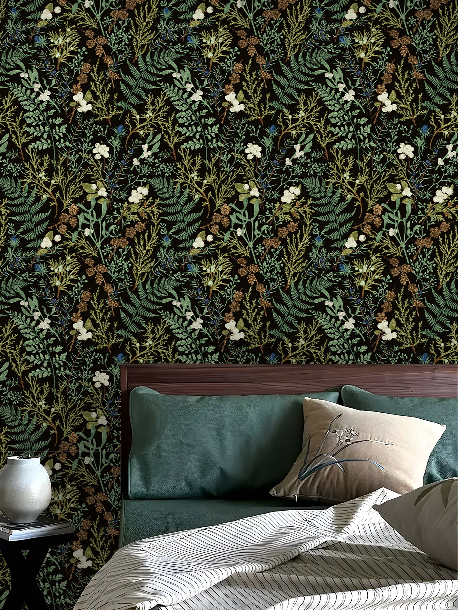 Dark Winter Botanical Wallpaper – Vintage Pine Cone Fern Wild Berry Print