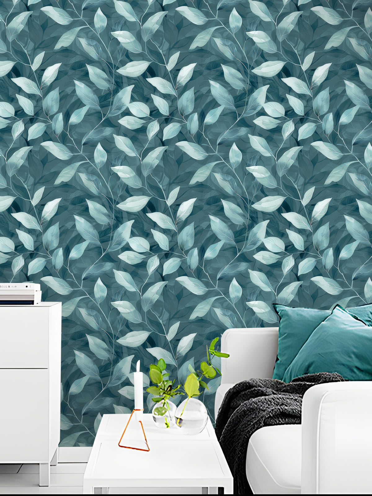 Haokhome Dusty Teal Layered Leaf Removable Self‑Adhesive Wall Covering, Dark Green Watercolor Foliage Wallpaper