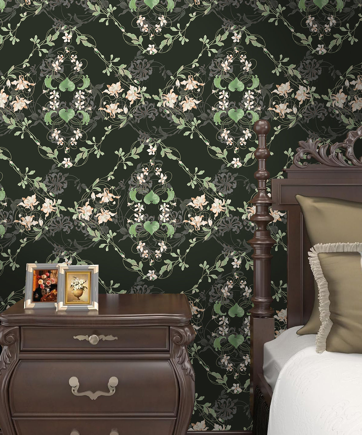 HaokHome Moody Green Floral Peel and Stick Wallpaper, Vintage Dark Academia Removable Self Adhesive Wallpaper for Bedroom & Living Room