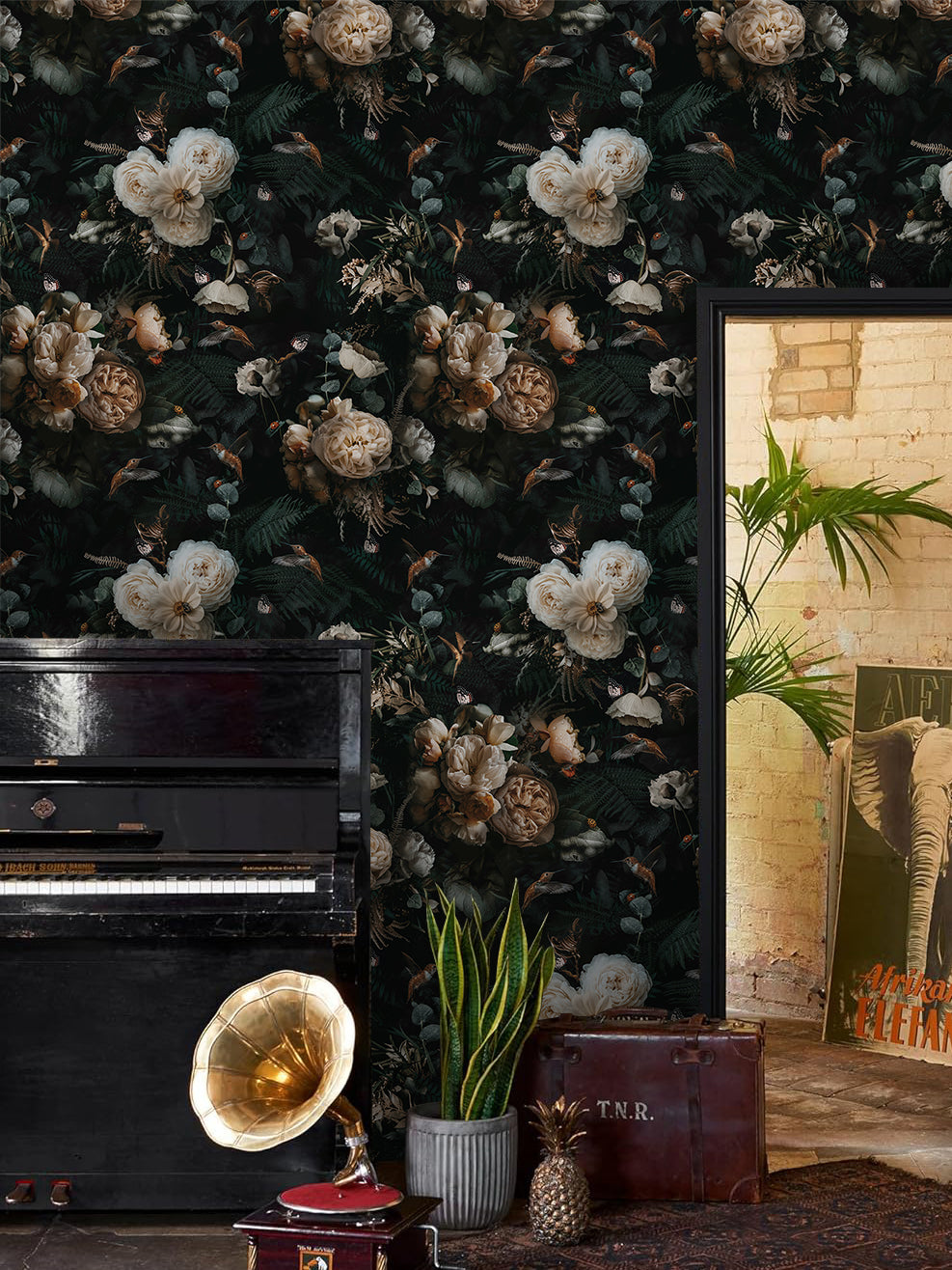 HaokHome PHaokHome Dark Moody Botanical Removable Self‑Adhesive Wall Covering, Vintage Peony Hummingbird Butterfly Peel and Stick Wallpapereel and Stick Boho Wallpaper Removable Vintage Black Floral Contact Paper for Cabinet Accent Wall