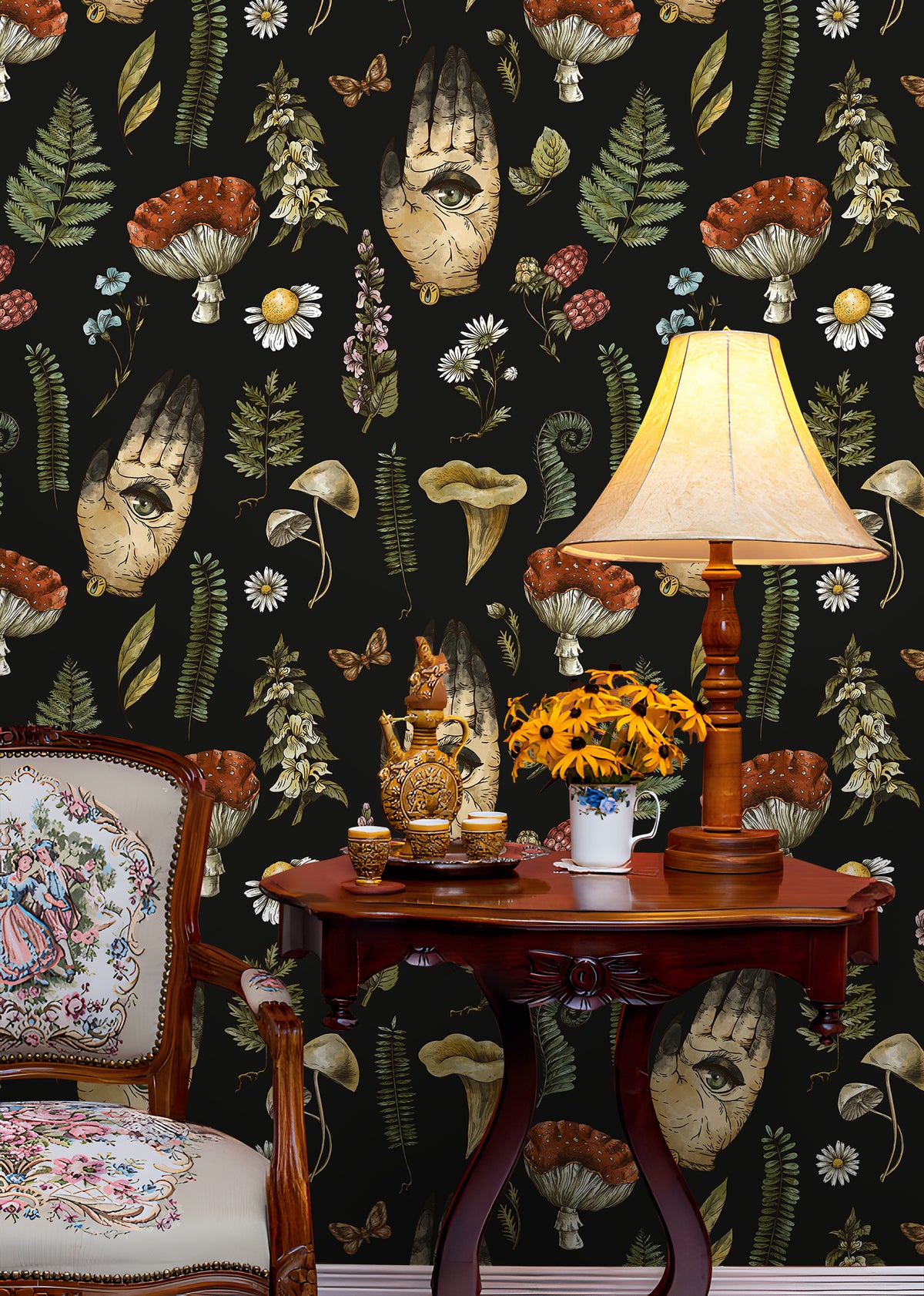 HaokHome Peel and Stick Wallpaper Mystic Vintage Hand Eye Botanical Mushroom Wall Mural Removable Self Adhesive Black Wallpaper for Home Decor