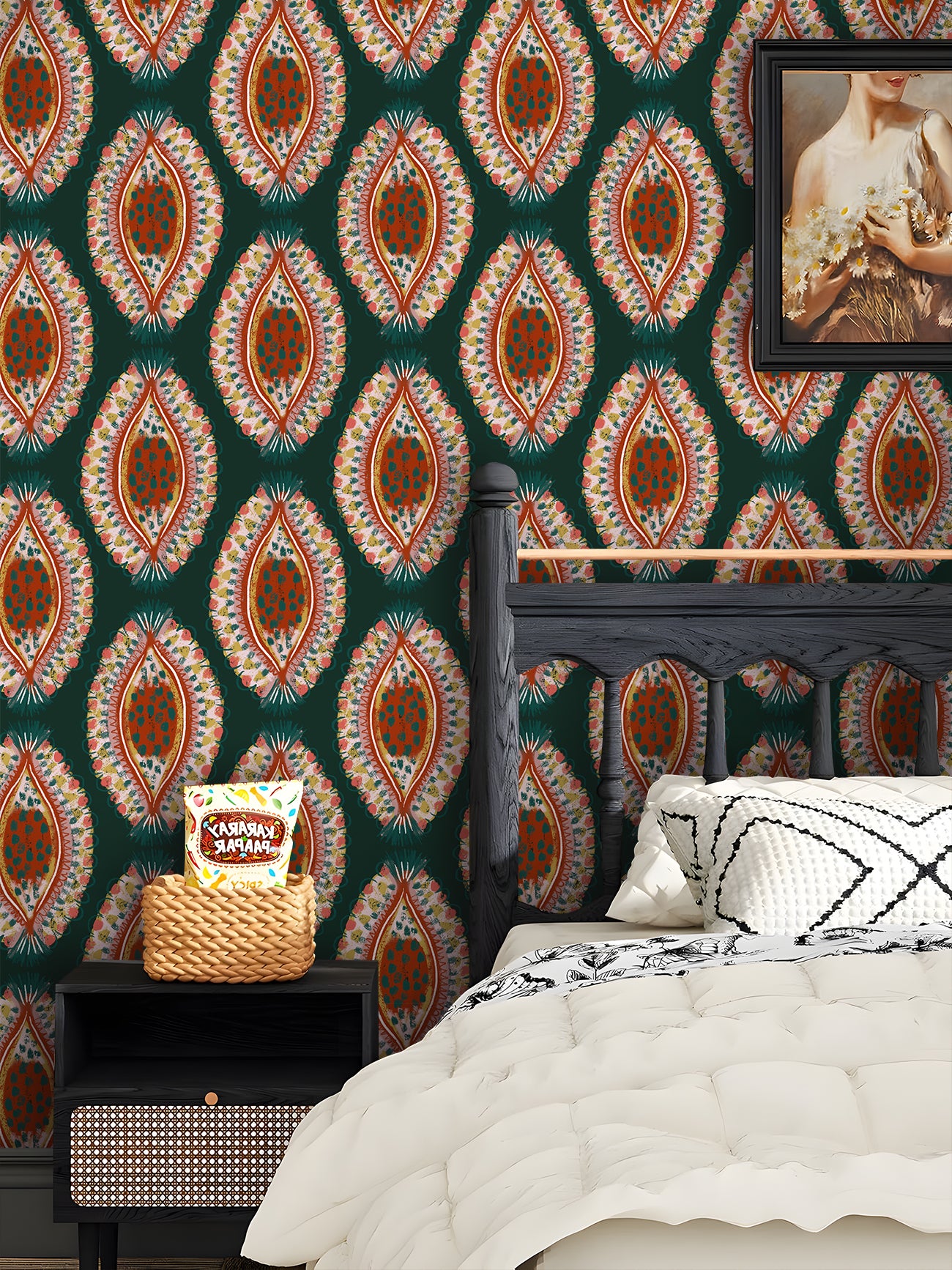 HaokHome Boho Luxe Wallpaper – Hand-Painted Petal Motif in Deep Forest Green