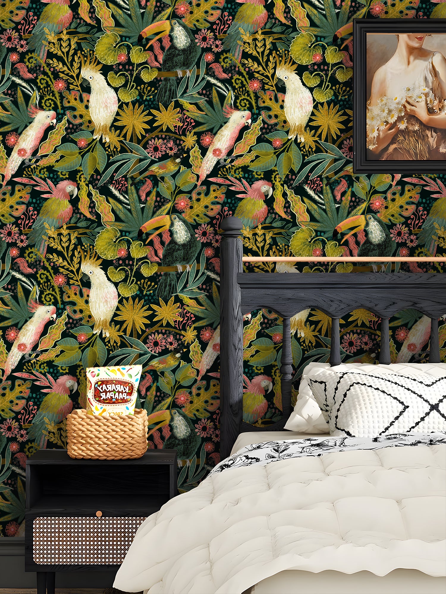 HaokHome Tropical Birds and Flowers Wallpaper – Colorful Cockatoos, Toucans, and Blooms on Dark Green Background