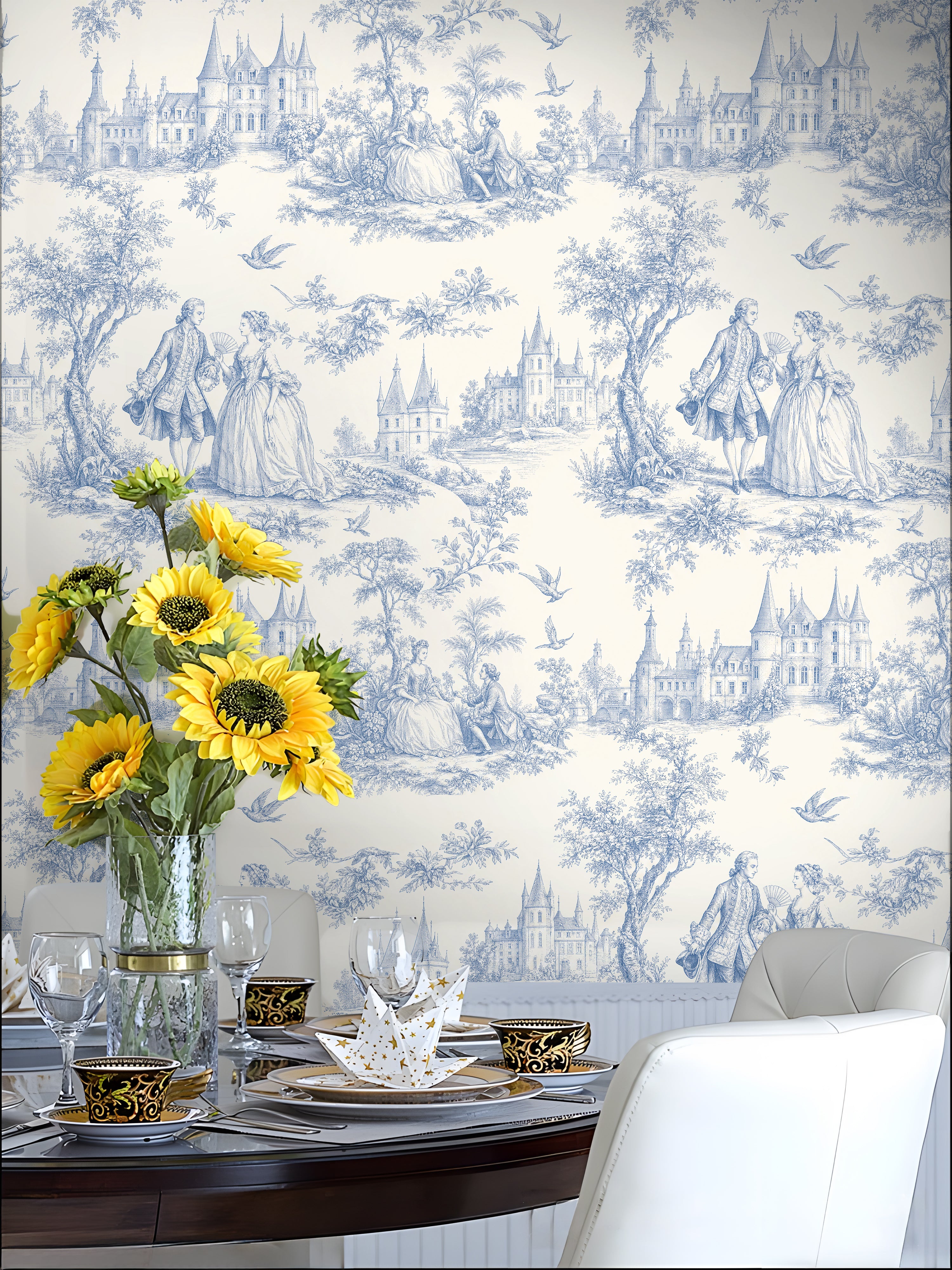 Blue Toile de Jouy Vintage Castle Wallpaper