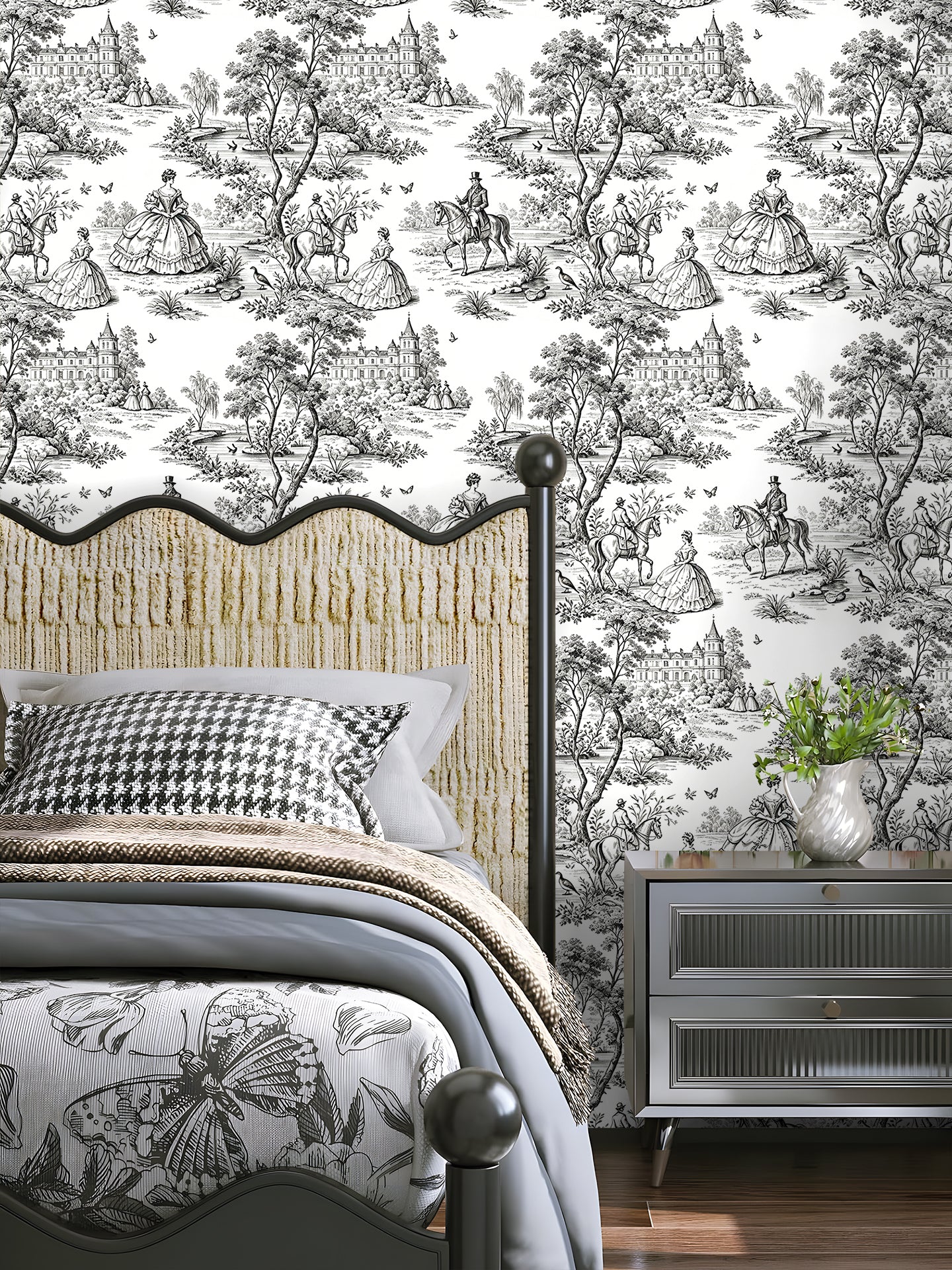 HaokHome Neutral Toile de Jouy Peel and Stick Wallpaper, Black & White Vintage French Scenic Removable Self Adhesive Wallpaper
