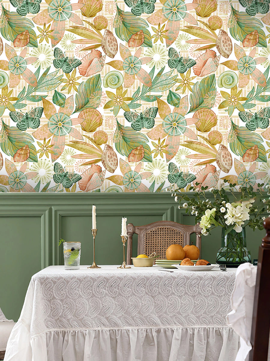 HaokHome Hand-Painted Floral and Butterfly Wallpaper with Seashells – Nature-Inspired Peel and Stick Wall Mural for Living Room & Bedroom Decor