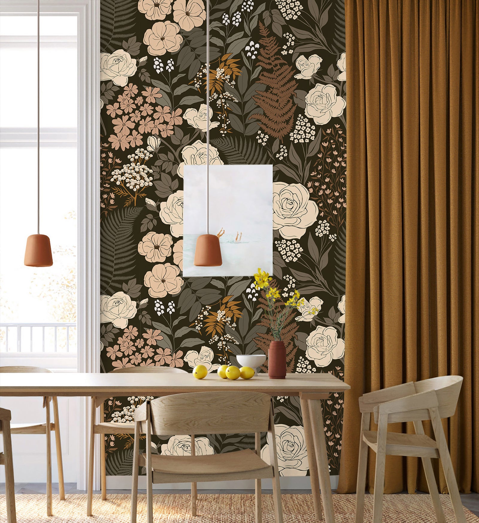 HaokHome Peel and Stick Wallpaper Floral Vintage Removable Rose Leaf Black/Brown/Beige Stick on Mural