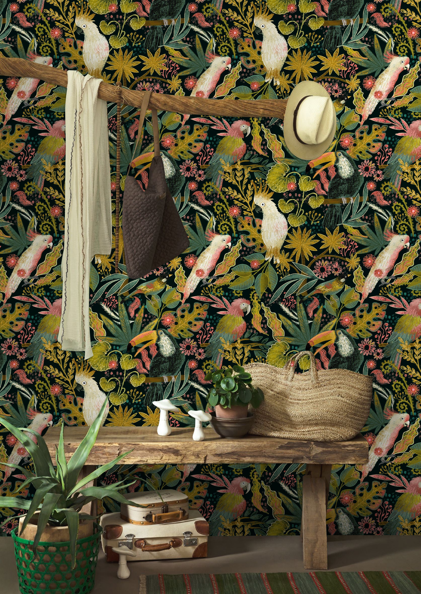 HaokHome Tropical Birds and Flowers Wallpaper – Colorful Cockatoos, Toucans, and Blooms on Dark Green Background