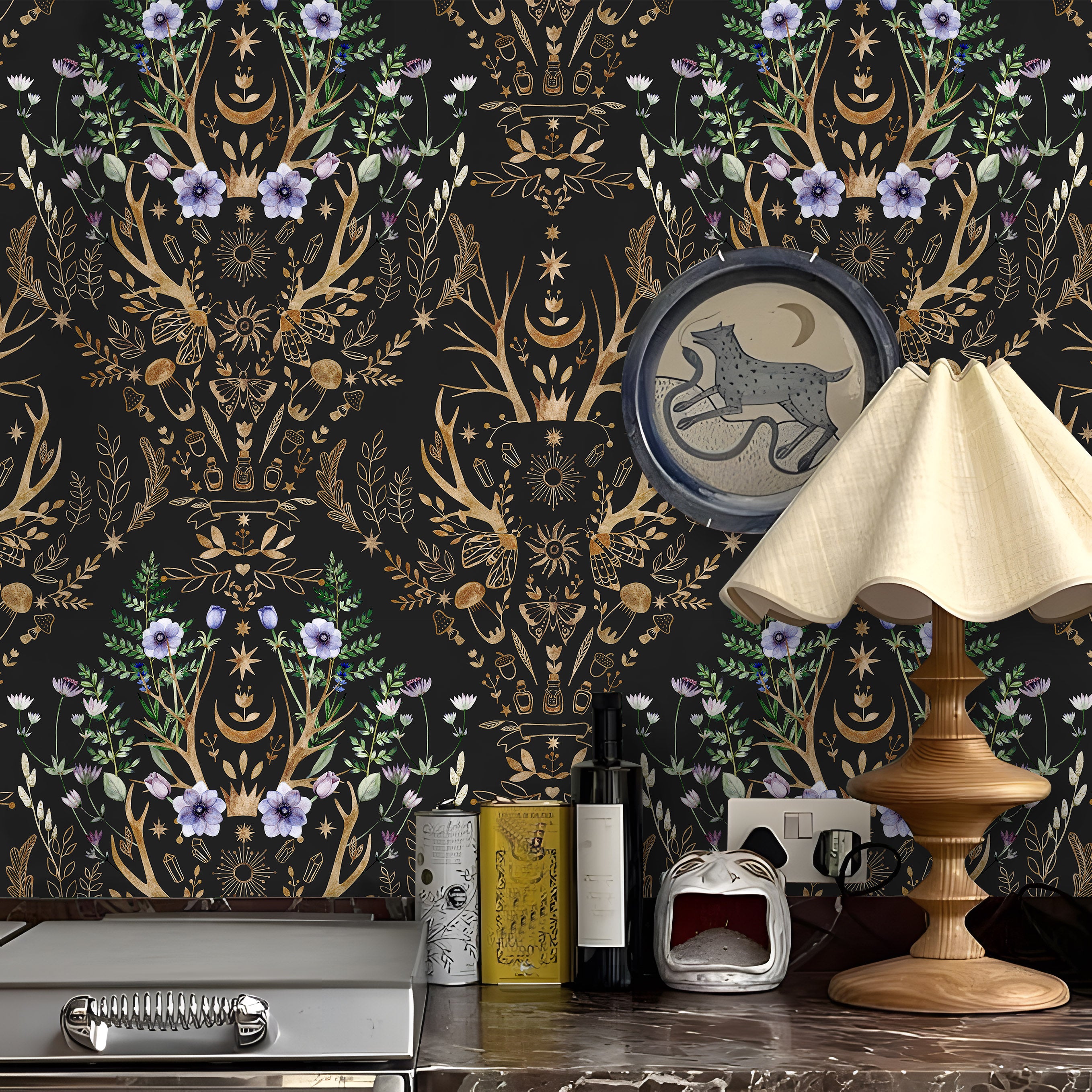HaokHome Wallpaper Peel and Stick Retro Floral Damask Bronze/Black/Purple Wall Decor Bathroom Removable Mural