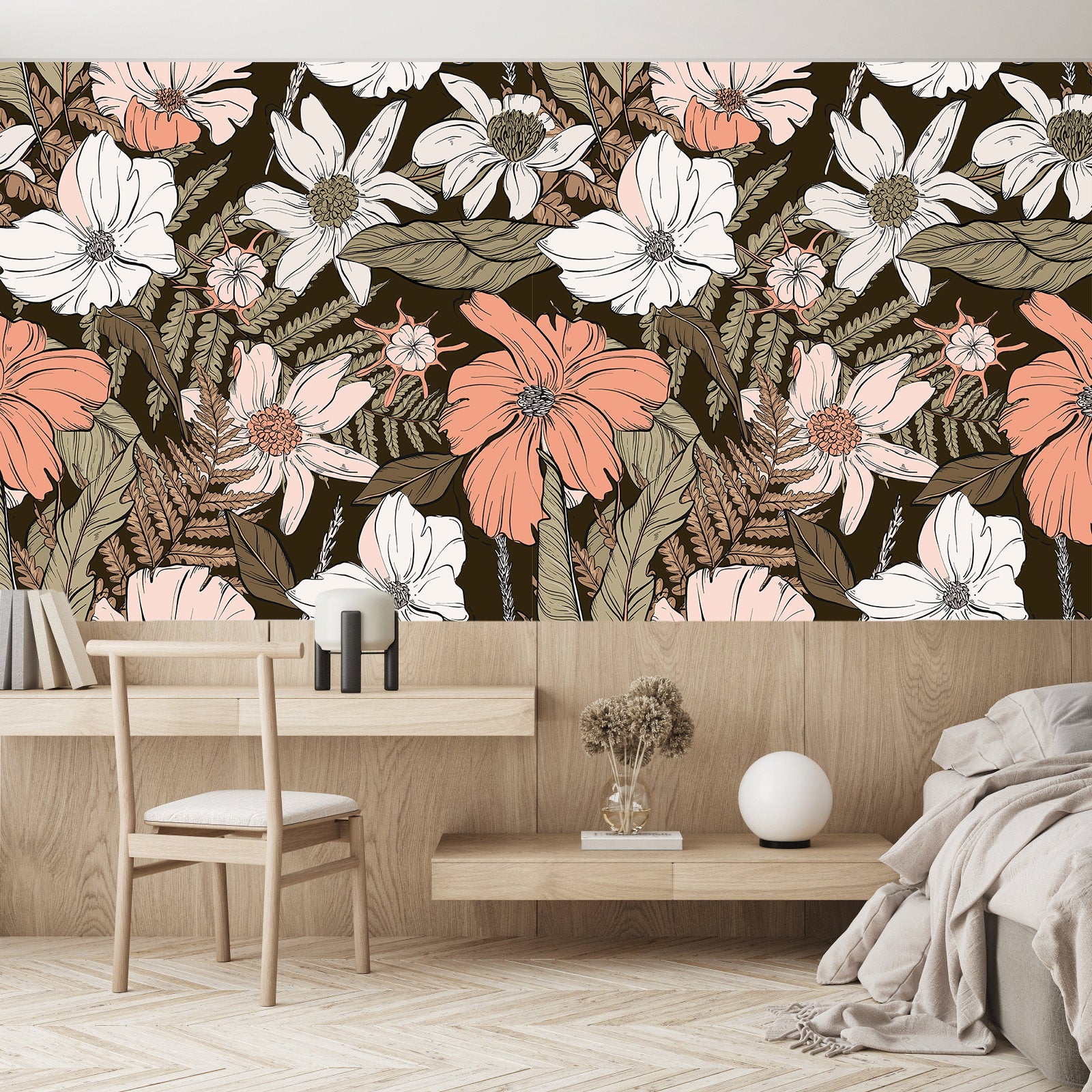HaokHome Moody Neutral Floral Peel and Stick Wallpaper, Vintage Botanical Removable Self Adhesive Wallpaper
