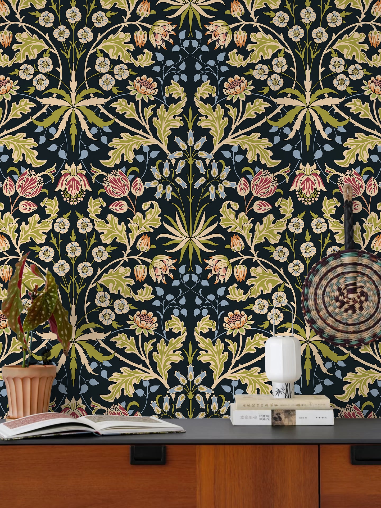 HaokHome Peel and Stick Wallpaper – Vintage Arts & Crafts Floral Pattern Removable Self Adhesive Wallpaper for Living Room or Bedroom