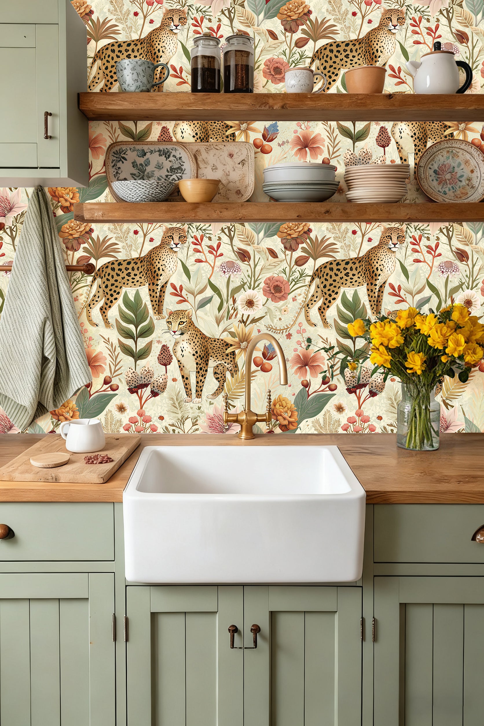 HaokHome Vintage Leopard Floral Removable Self‑Adhesive Wall Covering, Wild Jungle Botanical Peel and Stick Wallpaper