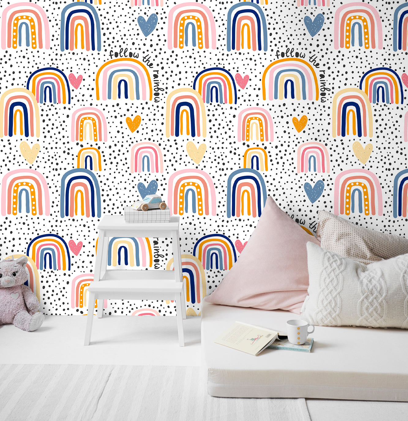 HaokHome Peel and Stick Wallpaper Boho Whimsical Rainbow & Hand-Drawn Hearts on Polka Dot Background Removable Wall Mural for Nursery & Kids Bedroom