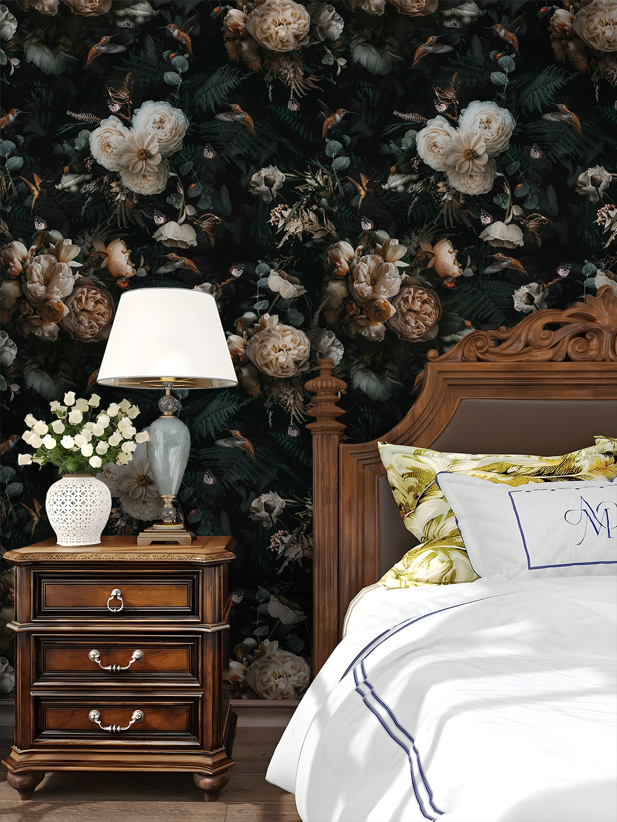 HaokHome PHaokHome Dark Moody Botanical Removable Self‑Adhesive Wall Covering, Vintage Peony Hummingbird Butterfly Peel and Stick Wallpapereel and Stick Boho Wallpaper Removable Vintage Black Floral Contact Paper for Cabinet Accent Wall
