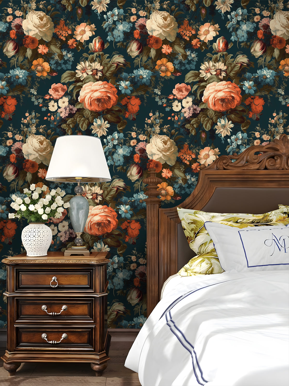 HaokHome Dark Botanical Vintage Floral Wallpaper - Orange Roses, Blue Daisies & White Peonies on Deep Teal Background