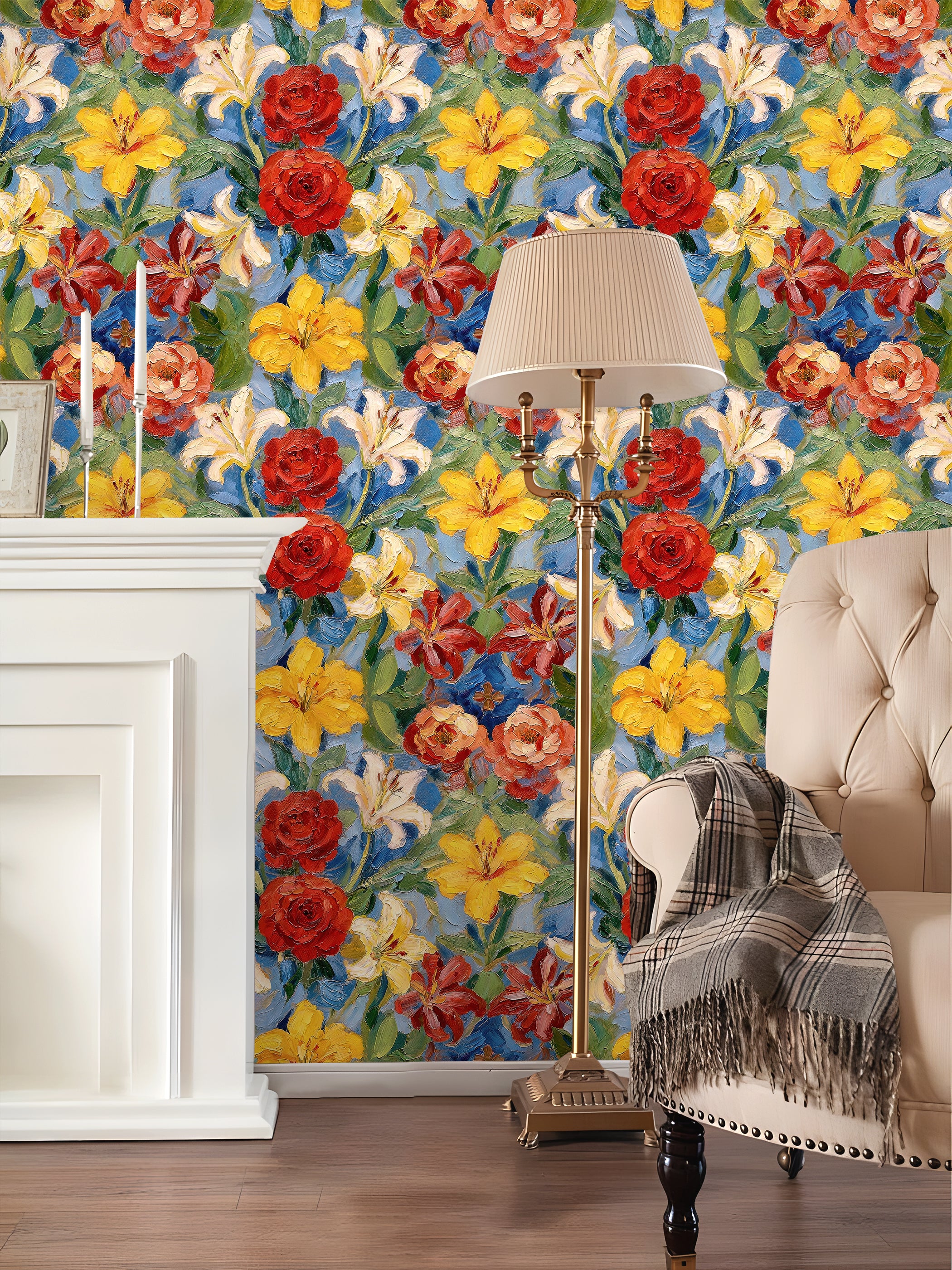 HaokHome Peel and Stick Wallpaper Bold Oil Painting Floral Botanical Rose & Lily Colorful Style Removable Self Adhesive Wallpaper for Living Room & Dining Room