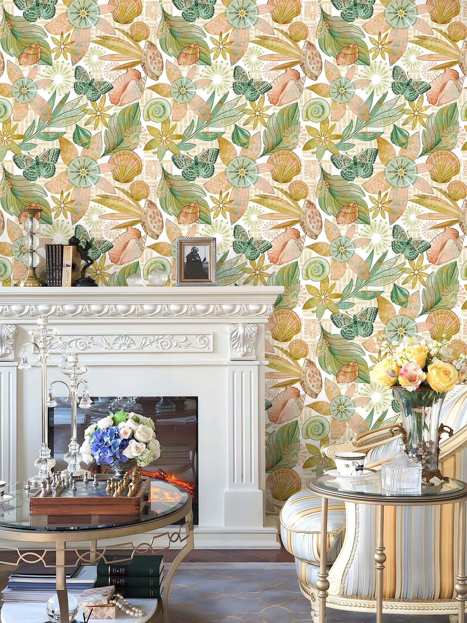 HaokHome Hand-Painted Floral and Butterfly Wallpaper with Seashells – Nature-Inspired Peel and Stick Wall Mural for Living Room & Bedroom Decor