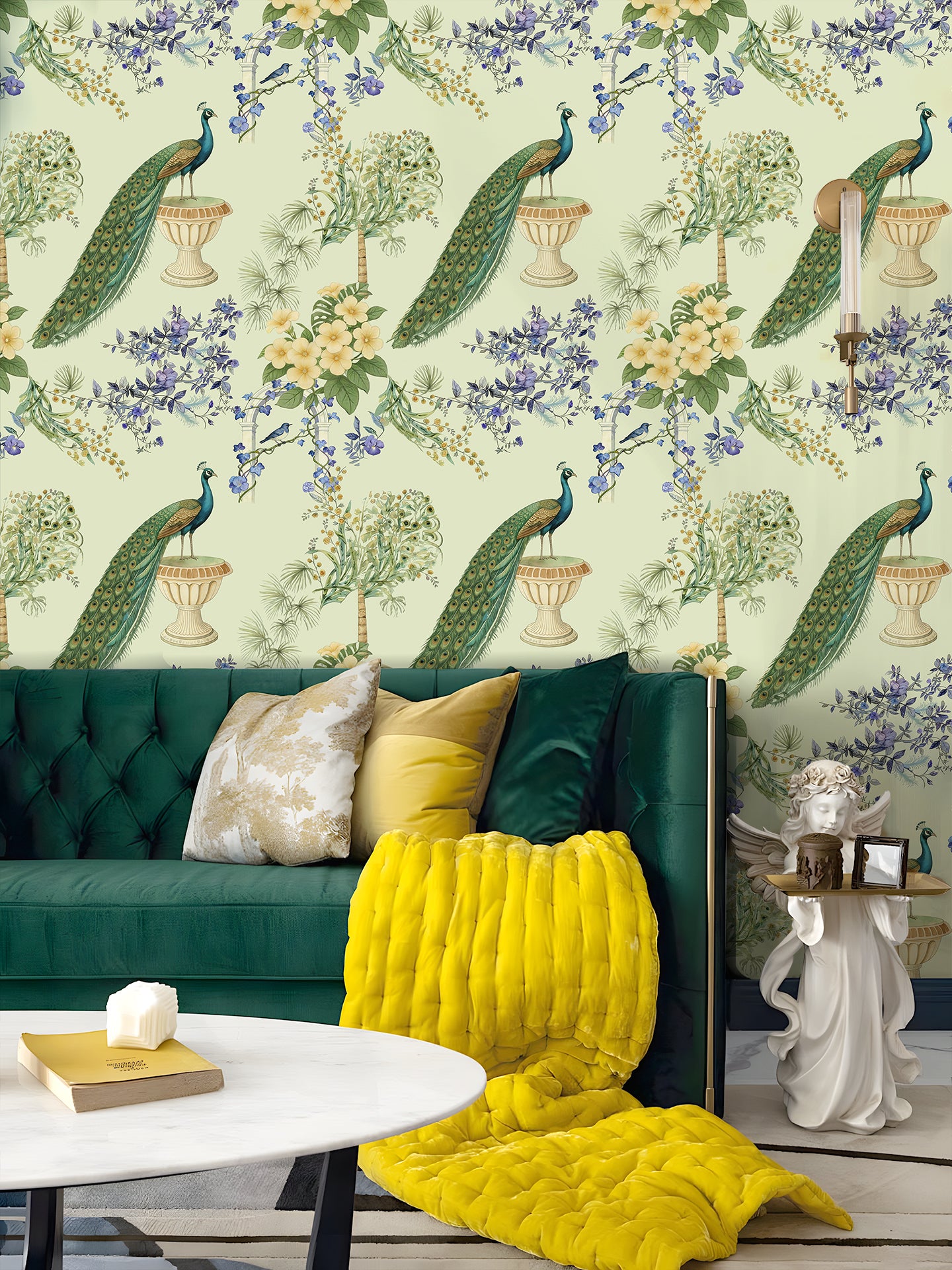 HaokHome Peacock Floral Watercolor Wallpaper, Vintage Botanical Peel and Stick Wallpaper, Removable Wall Mural for Bedroom and Living Room