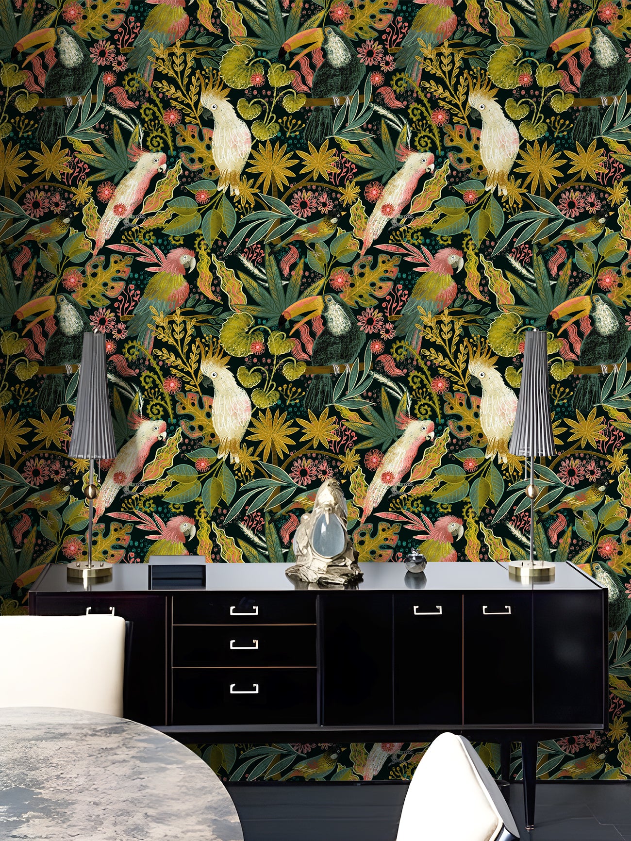 HaokHome Tropical Birds and Flowers Wallpaper – Colorful Cockatoos, Toucans, and Blooms on Dark Green Background