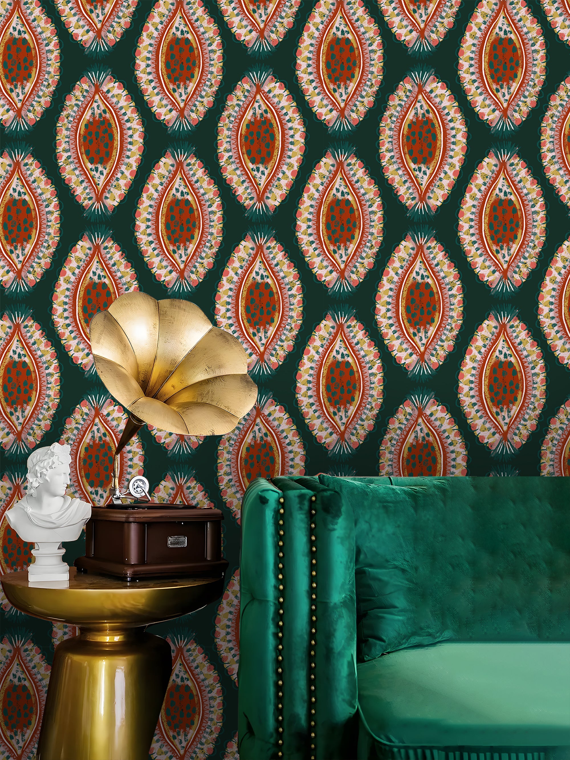 HaokHome Boho Luxe Wallpaper – Hand-Painted Petal Motif in Deep Forest Green