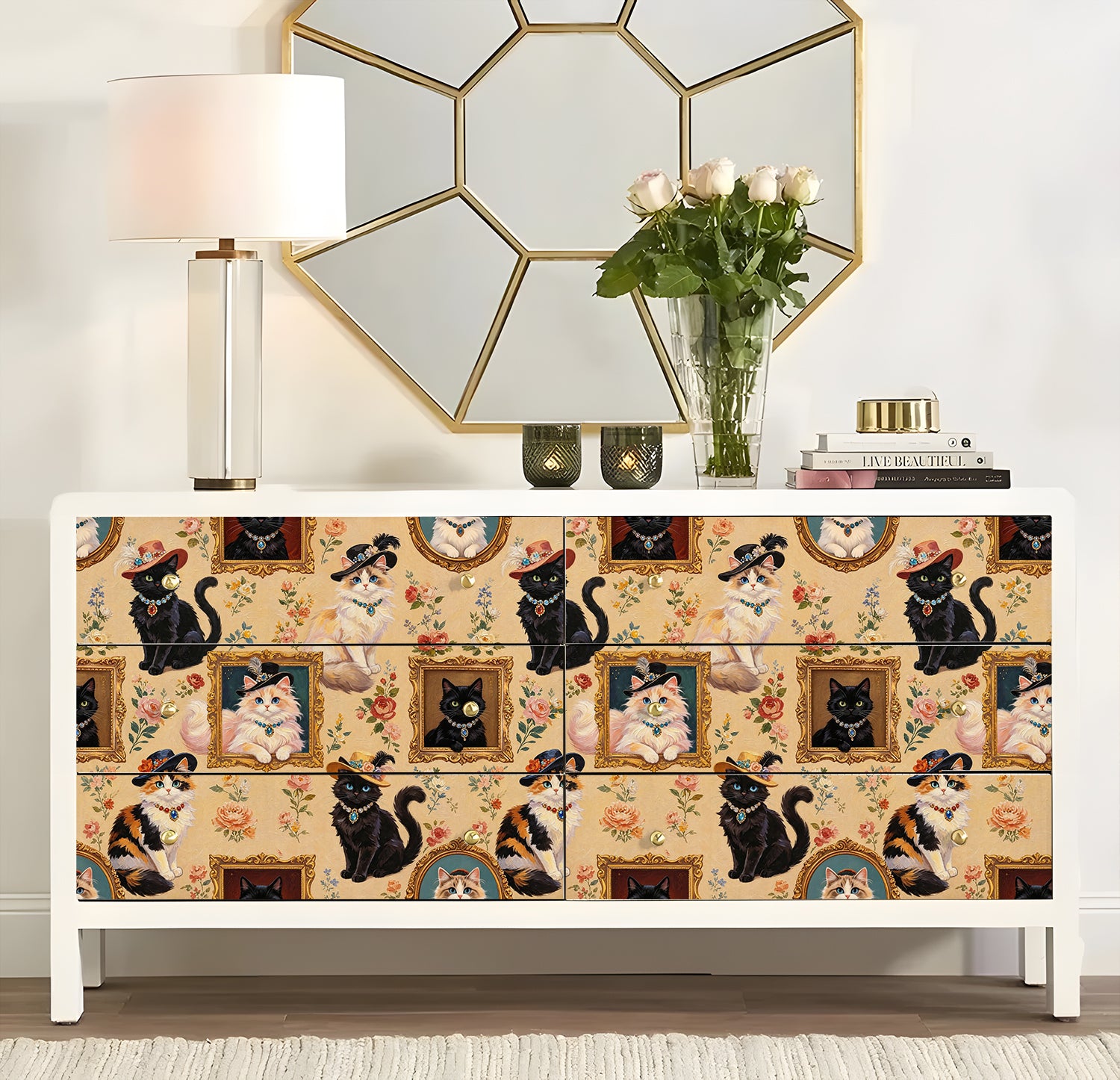 HaokHome Peel and Stick Wallpaper Vintage Aristocat Floral Wall Mural Removable Self Adhesive Whimsical Cat Wallpaper