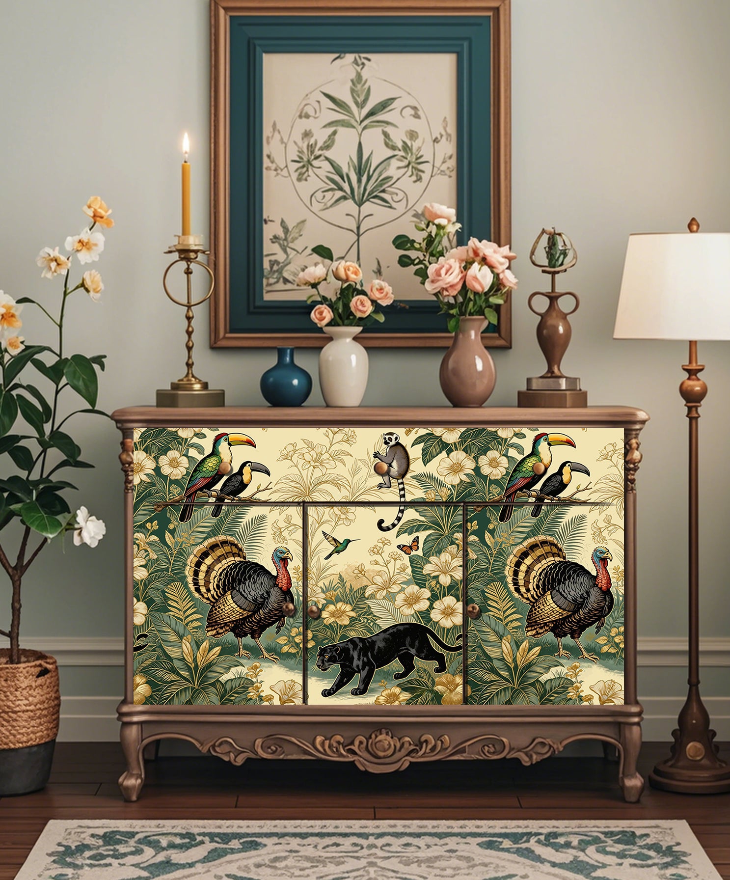 HaokHome Peel and Stick Wallpaper Vintage Tropical Jungle Animal Botanical Jaguar & Toucan Nature Style Removable Self Adhesive Wallpaper for Living Room & Bedroom
