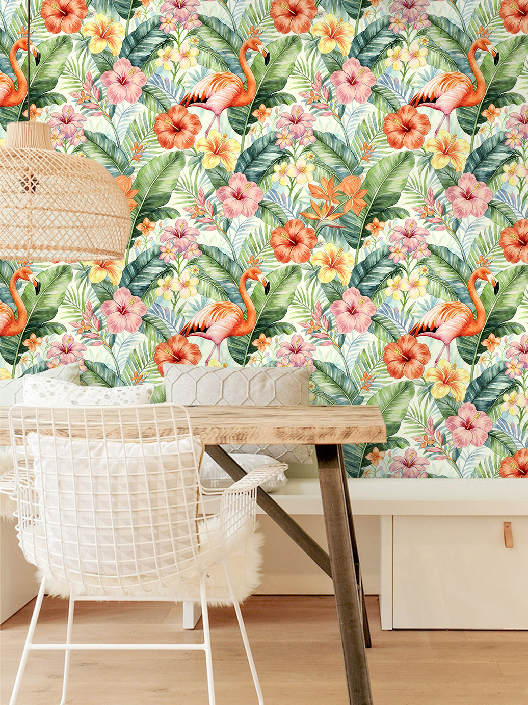 HaokHome Peel and Stick Wallpaper Tropical Flamingo Hibiscus Floral Removable Wall Paper Boho Watercolor Jungle Mural for Bedroom Living Room Bathroom Cabinets