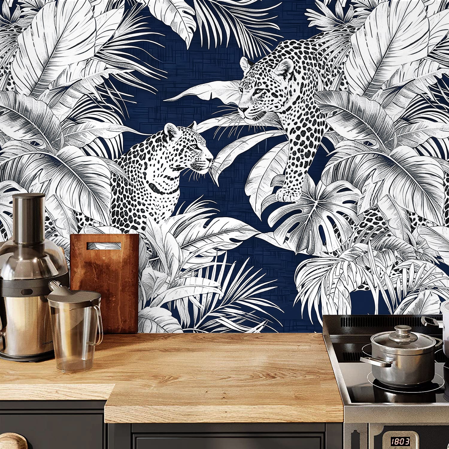 HaokHome Peel and Stick Wallpaper Tropical Leopard Navy Botanical Wall Mural Removable Self Adhesive Jungle Animal Wallpaper