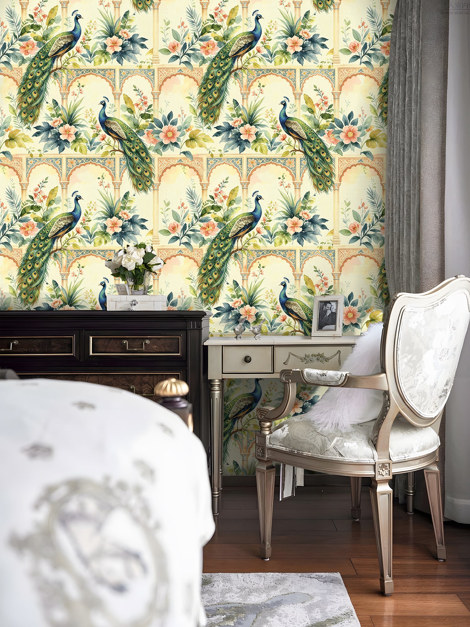 HaokHome Peel and Stick Wallpaper Vintage Peacock Moroccan Floral Removable Wall Paper Boho Watercolor Palace Print Decor for Bedroom Living Room Accent Wall