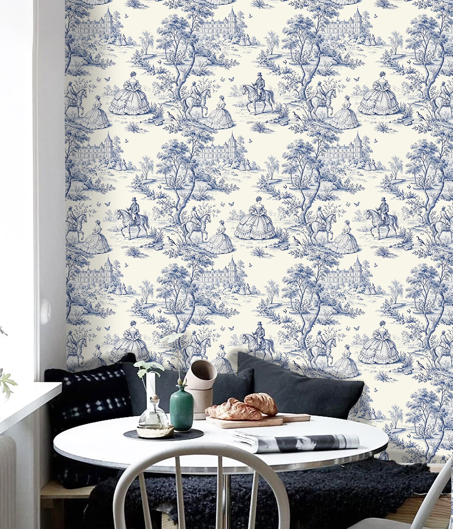 HaokHome Classic Toile de Jouy Peel and Stick Wallpaper, Blue & White French Countryside Scenic Removable Self Adhesive Wallpaper