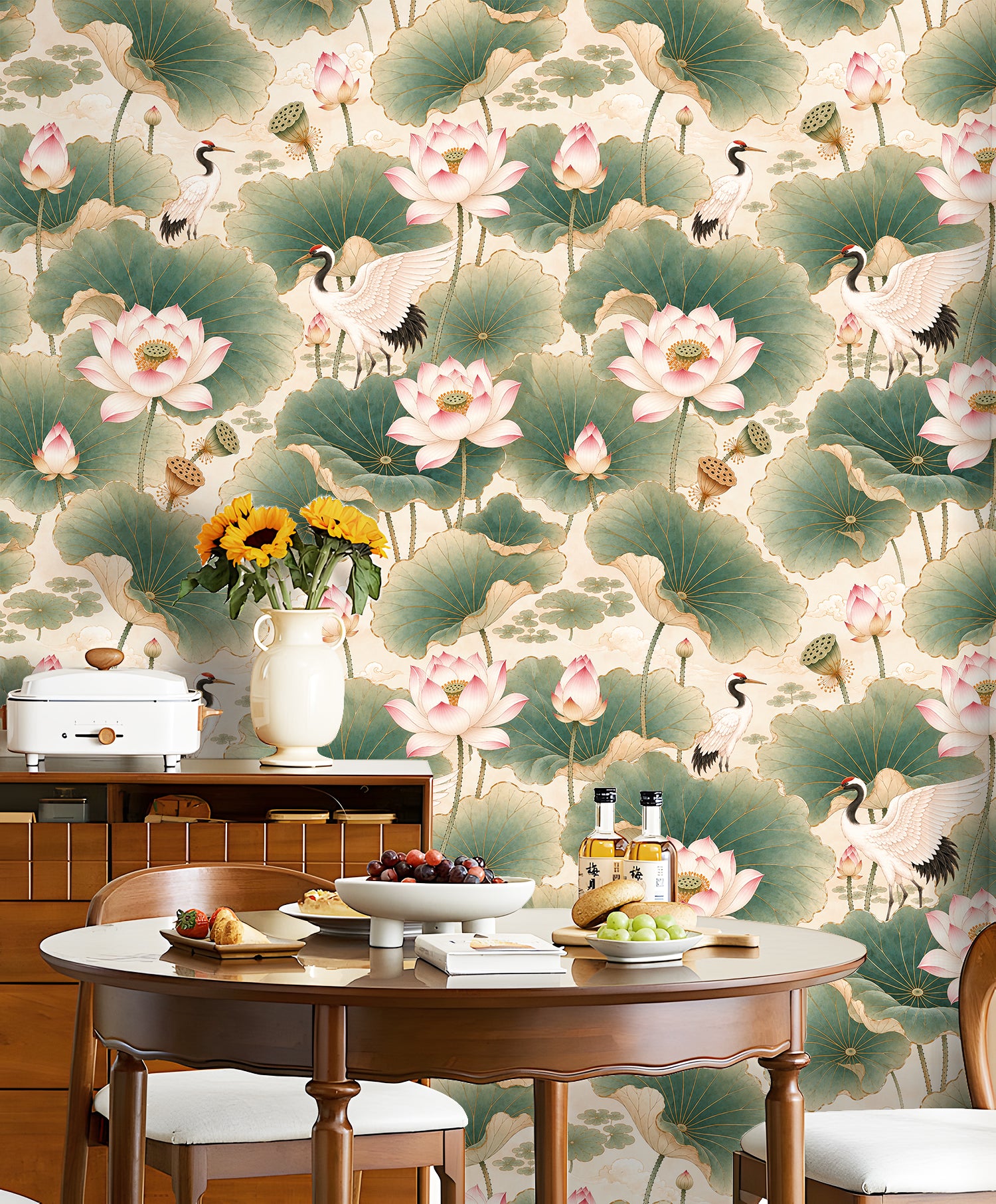 HaokHome Peel and Stick Wallpaper Chinoiserie Lotus Crane Floral Wall Mural Removable Self Adhesive Serene Botanical Wallpaper