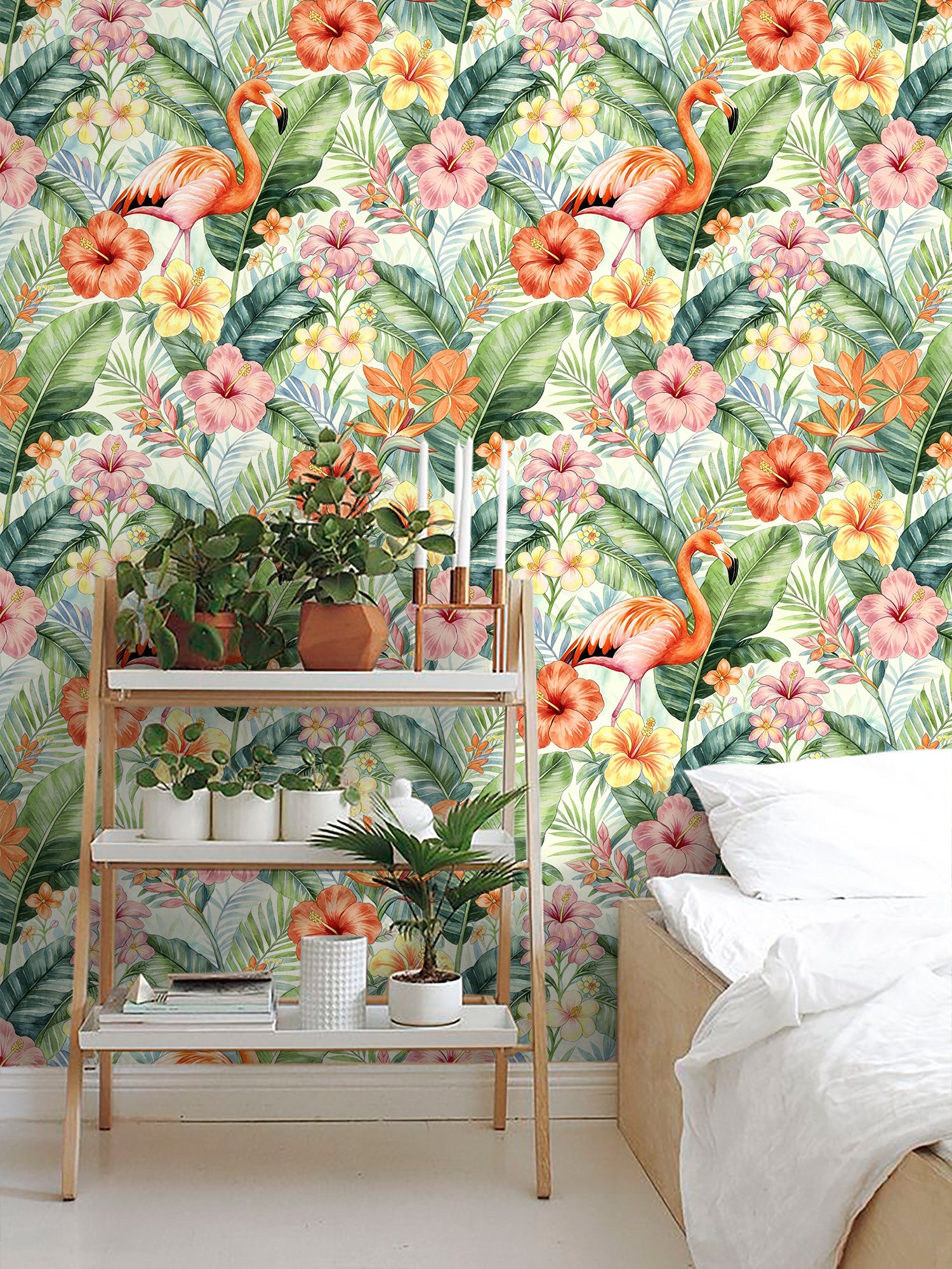HaokHome Peel and Stick Wallpaper Tropical Flamingo Hibiscus Floral Removable Wall Paper Boho Watercolor Jungle Mural for Bedroom Living Room Bathroom Cabinets