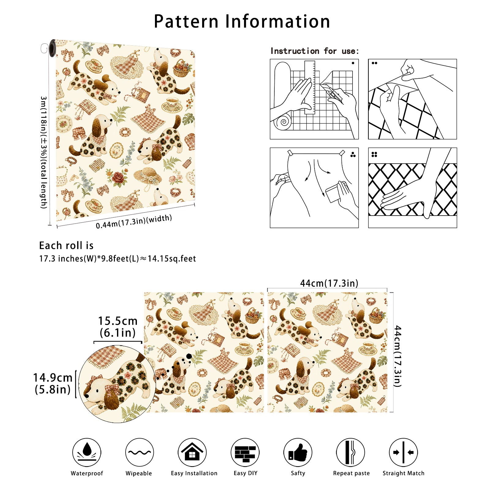 HaokHome Cottagecore Dachshund Dog Tea Party Peel and Stick Wallpaper