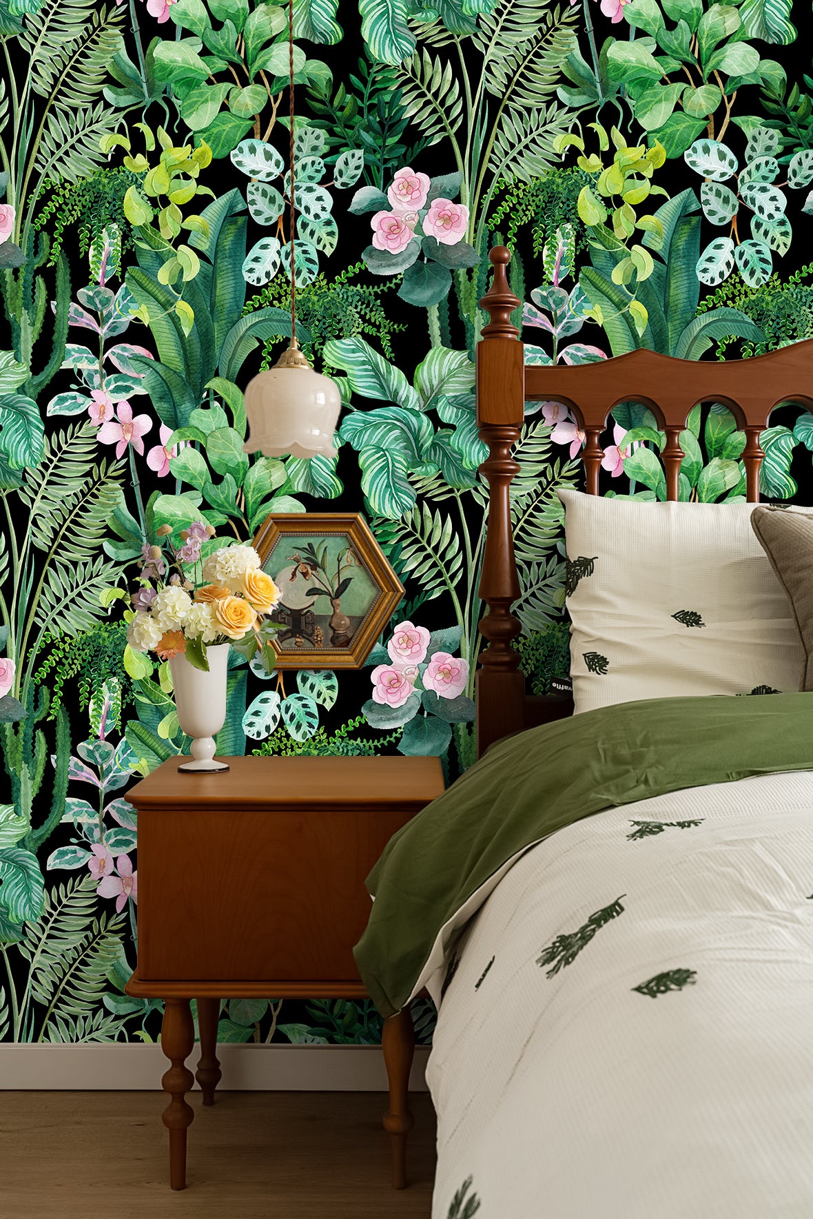 HaokHome Moody & Bright Tropical Jungle Peel and Stick Wallpaper, Watercolor Botanical Greenery Removable Self Adhesive Wallpaper for Bedroom & Bathroom