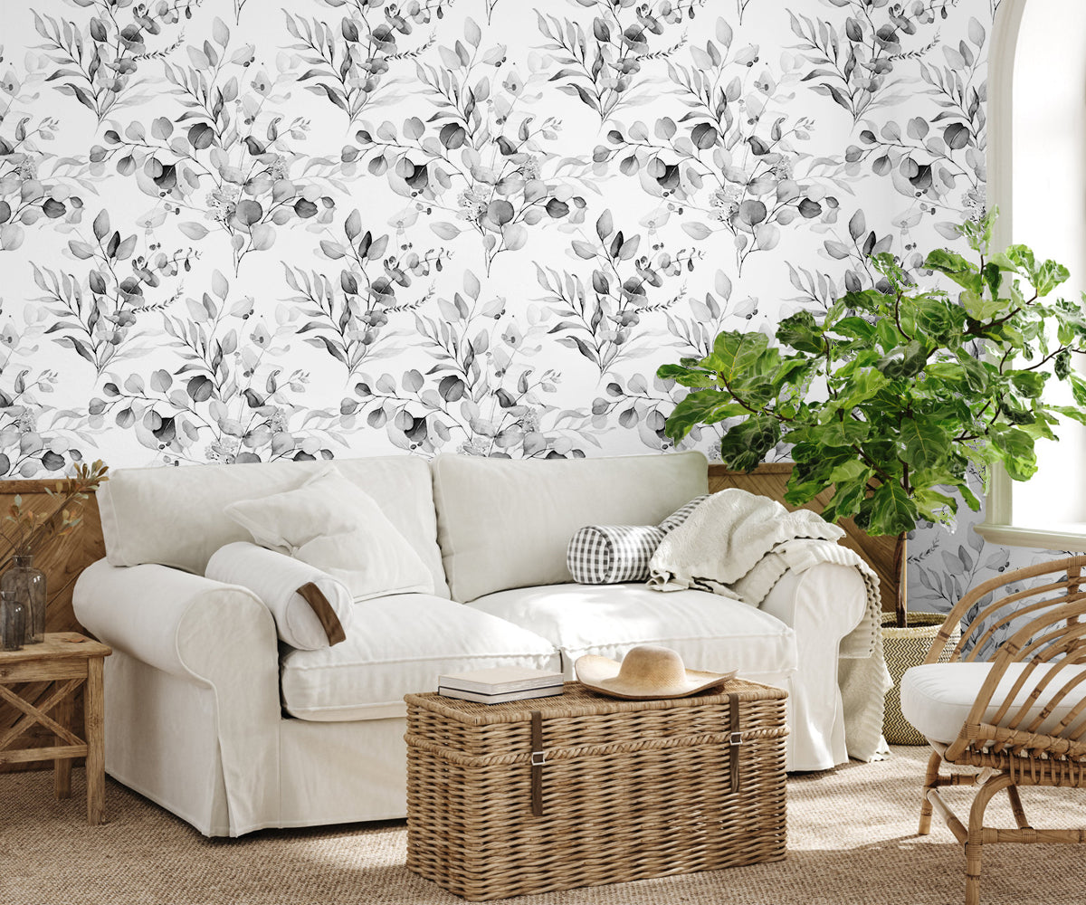 HaokHome Peel and Stick Wallpaper Boho Black/Grey/White Eucalyptus Leaf Floral Wall Mural Home Nursery Boho Contact Paper