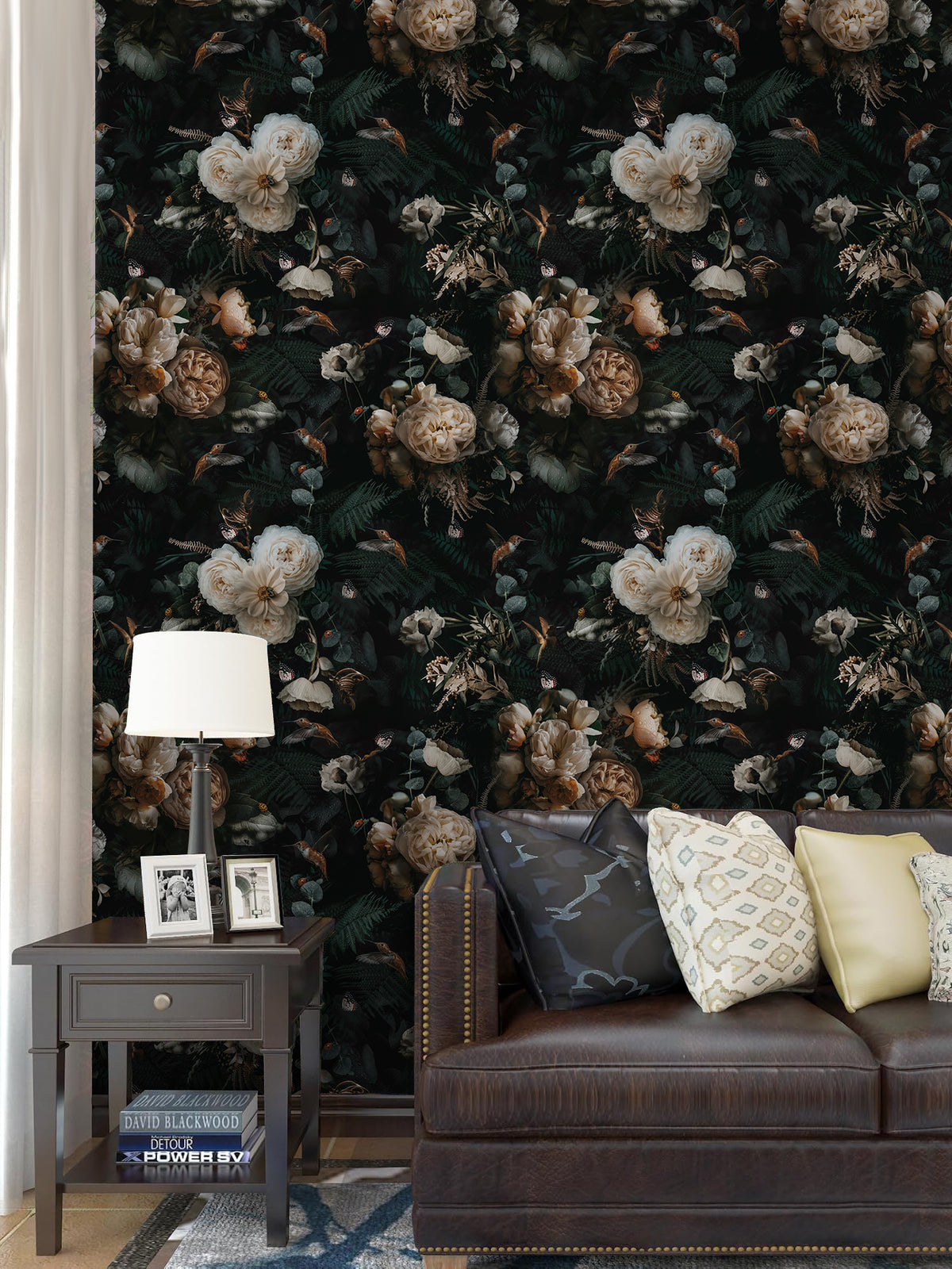 HaokHome PHaokHome Dark Moody Botanical Removable Self‑Adhesive Wall Covering, Vintage Peony Hummingbird Butterfly Peel and Stick Wallpapereel and Stick Boho Wallpaper Removable Vintage Black Floral Contact Paper for Cabinet Accent Wall
