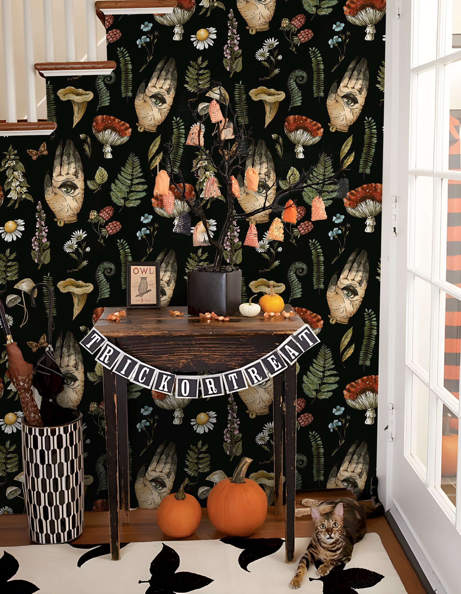 HaokHome Peel and Stick Wallpaper Mystic Vintage Hand Eye Botanical Mushroom Wall Mural Removable Self Adhesive Black Wallpaper for Home Decor